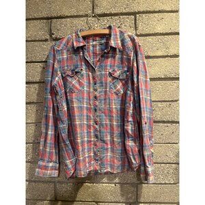 Orvis Mens Medium Red Blue Plaid Button-Down Long Sleeve Shirt Cotton Casual Wes